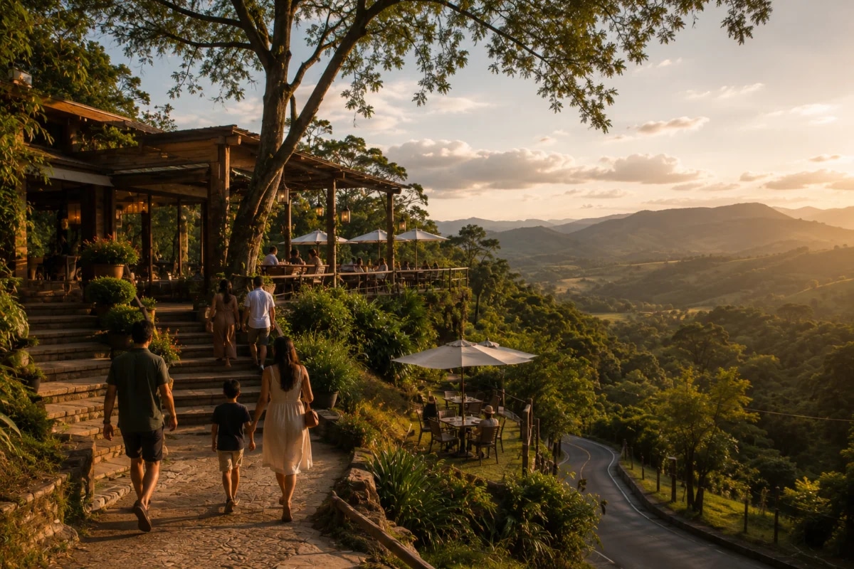 Cena de um dia de lazer e gastronomia na serra perto de São Paulo: casal e família chegando a um restaurante rústico-chique em meio à natureza, com mesas ao ar livre sob árvores, vista para montanhas e vale ao fundo, estrada sinuosa discreta ao lado, clima de fim de semana tranquilo. Composição horizontal 600x400, plano amplo com profundidade, foco no ambiente e na paisagem, pessoas em segundo plano sem destaque de rosto, estilo fotografia editorial realista, cores naturais, luz dourada de fim de tarde, atmosfera calma, sem texto, sem logotipos, sem marcas d'água.