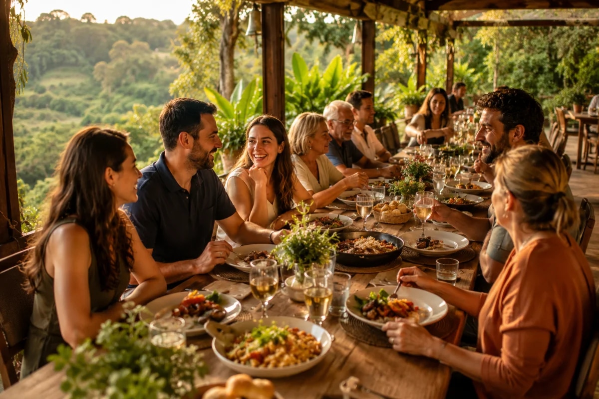 Cena de almoço de confraternização em restaurante rústico-chique no campo perto de São Paulo, mesa longa de madeira com grupos de amigos e família conversando e rindo, pratos brasileiros bem apresentados e bebidas, ambiente com muita vegetação e luz natural, composição equilibrada com profundidade de campo suave, estilo fotografia editorial gastronômica, iluminação quente de fim de tarde, enquadramento horizontal 600x400, sem texto, sem logotipos, sem marcas d'água