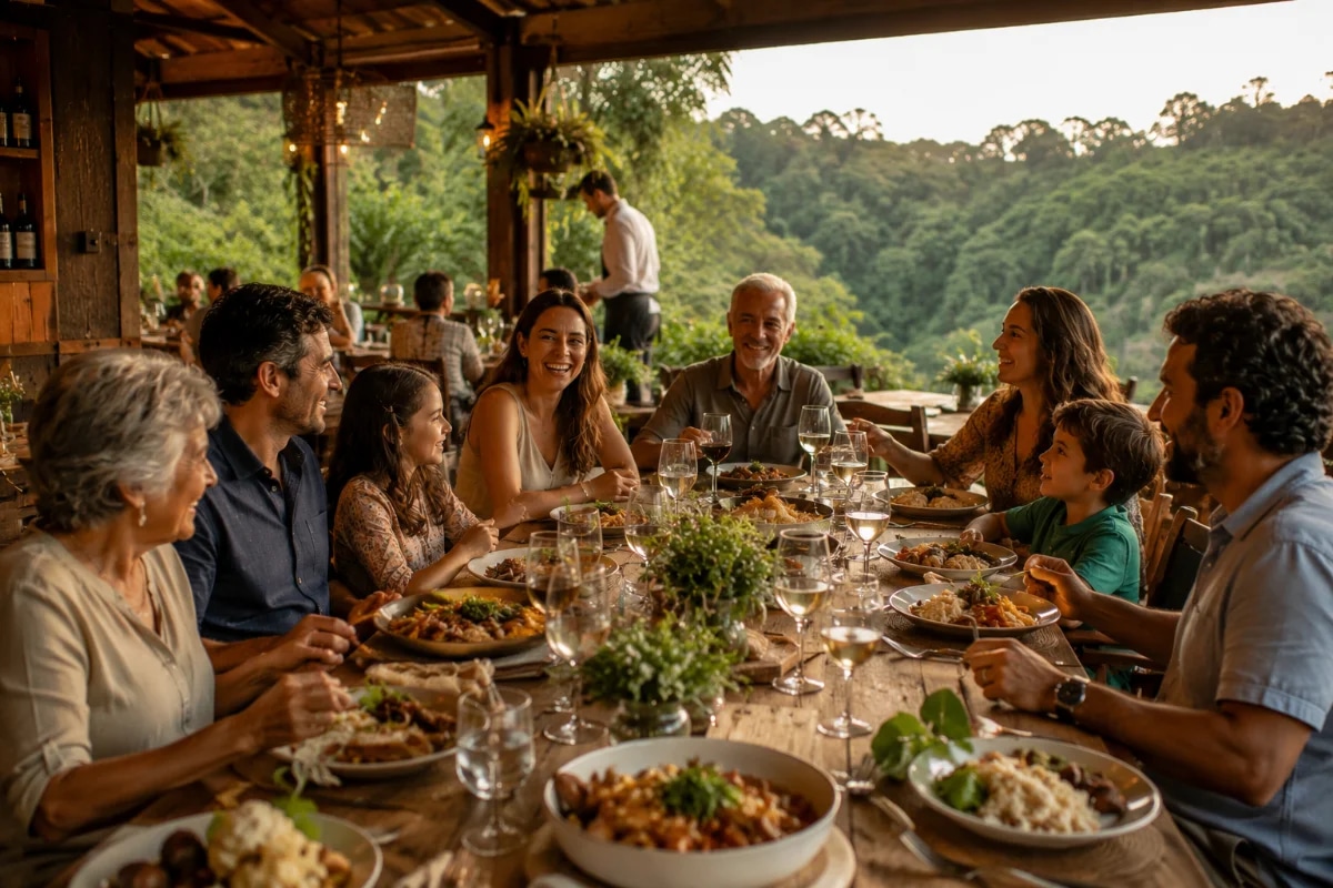 Fotografia realista de uma grande família multigeracional reunida em uma mesa longa em restaurante acolhedor com vista para natureza, ambiente calmo e elegante, pratos brasileiros bem apresentados, crianças e idosos conversando e sorrindo, garçom servindo discretamente ao fundo, decoração rústico-chique com madeira e plantas, luz natural suave de fim de tarde, profundidade de campo moderada, composição equilibrada com a mesa em primeiro plano e paisagem ao fundo, enquadramento horizontal 600x400, sem texto, sem logotipos, sem marcas d'água