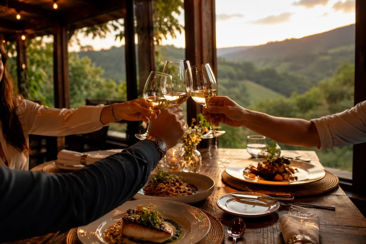 Cena de uma celebração diurna elegante e intimista em restaurante com vista para a natureza: mesa posta para 6 pessoas com louças claras, taças e pratos de gastronomia contemporânea, pessoas conversando e sorrindo de forma natural (sem poses), luz solar suave entrando lateralmente, vegetação ao fundo e paisagem verde, atmosfera tranquila e premium. Composição horizontal 600x400, enquadramento em plano médio com profundidade de campo leve, estilo fotográfico realista editorial, cores naturais, iluminação natural, sem texto, sem logotipos, sem marcas d’água.
