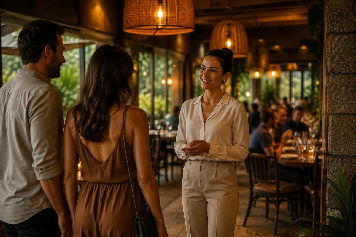 Cena interna de restaurante acolhedor e sofisticado, anfitriã recebendo um casal na entrada com sorriso discreto e postura profissional; iluminação quente e suave com luminárias pendentes, mesas bem postas ao fundo, elementos de madeira e plantas, sensação de conforto e calma; composição com profundidade de campo, foco na recepção e no gesto de boas-vindas, clientes relaxando; estilo fotografia editorial premium, cores naturais, luz ambiente com highlights suaves, sem texto, sem logotipos, sem marcas d'água; enquadramento horizontal 600x400
