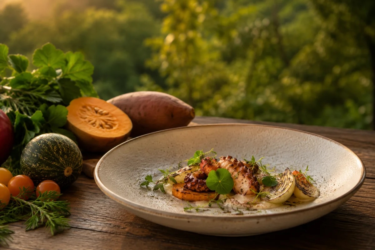 Fotografia gastronômica editorial de um prato sazonal autoral servido em cerâmica artesanal sobre mesa de madeira rústica, ao ar livre em um restaurante na natureza, com ingredientes frescos da estação ao lado (ervas, legumes, frutas), fundo com vegetação desfocada, atmosfera premium e acolhedora, luz natural dourada de fim de tarde, profundidade de campo rasa, composição minimalista com espaço negativo, enquadramento horizontal 600x400, sem texto, sem logotipos, sem marcas d’água
